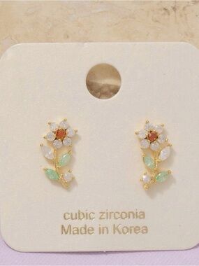 Gold Floral Cubic Zirconia Earrings - White & Green
